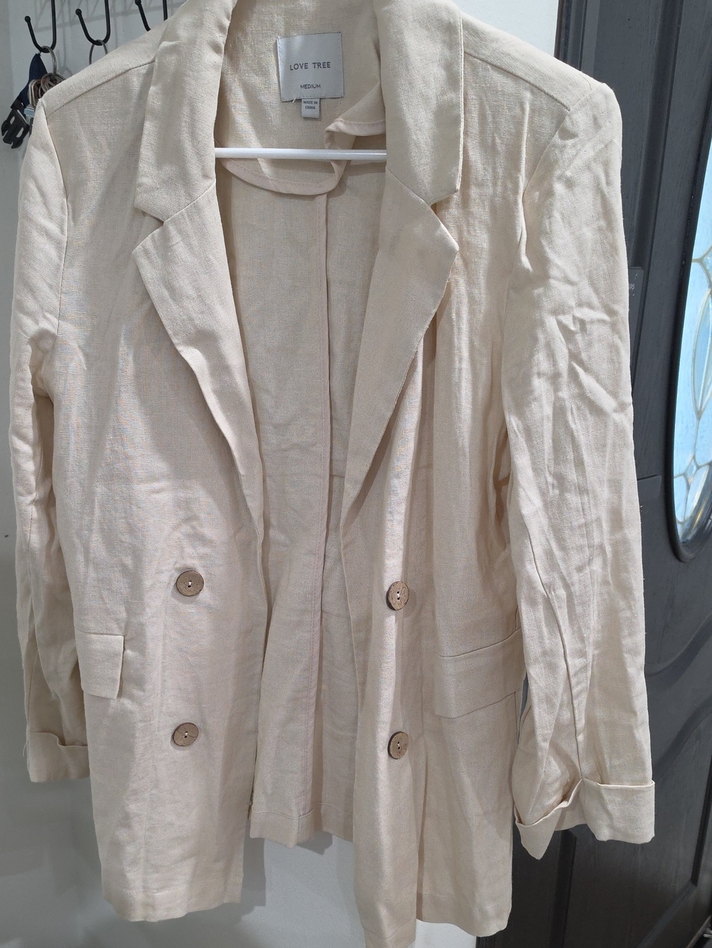 Love Tree Light Cream Double-Breasted Linen Blazer